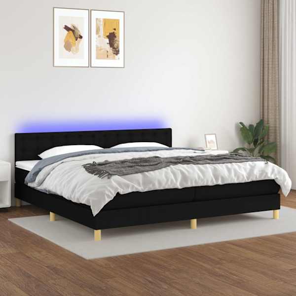LED-valgustusega kontinentaalvoodi koos 2 madratsiga, must, 200 × 200 cm, kangas — mudel 3134063