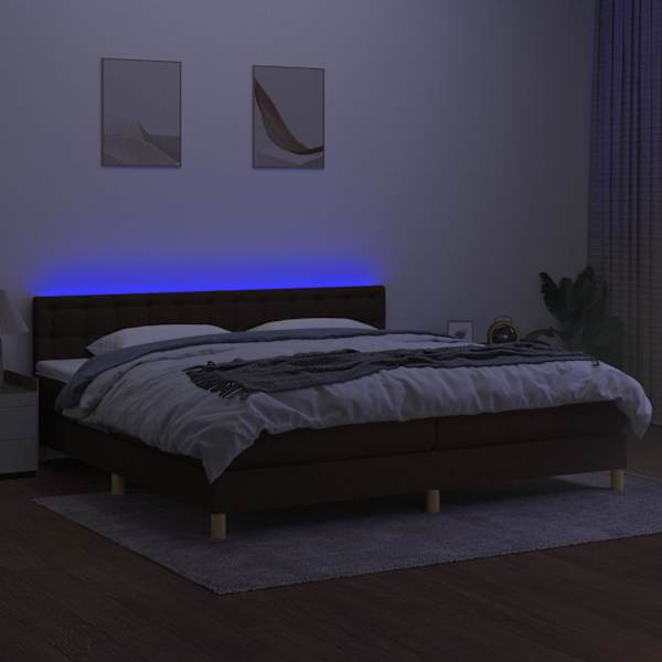 LED-valgustusega kontinentaalvoodi koos 2 madratsiga, tumepruun, 200 × 200 cm, kangas — mudel 3134064