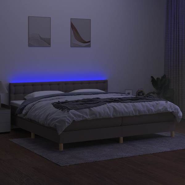 LED-valgustusega kontinentaalvoodi koos 2 madratsiga, pruunikashall, 200 × 200 cm, kangas — mudel 3134065