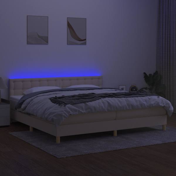 LED-valgustusega kontinentaalvoodi koos 2 madratsiga, kreemjasvalge, 200 × 200 cm, kangas — mudel 3134066