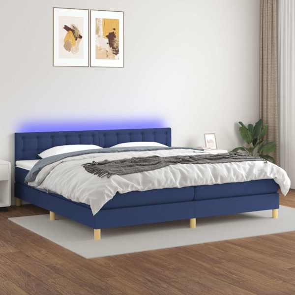 LED-valgustusega kontinentaalvoodi koos 2 madratsiga, sinine, 200 × 200 cm, kangas — mudel 3134067