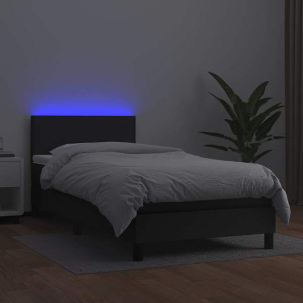 LED-valgustusega kontinentaalvoodi koos madratsiga, must, 90 × 200 cm, kunstnahk — mudel 3134081