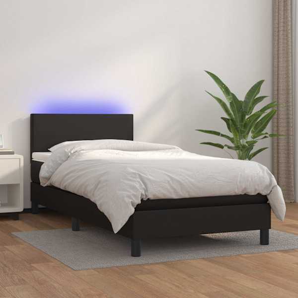 LED-valgustusega kontinentaalvoodi koos madratsiga, must, 90 × 200 cm, kunstnahk — mudel 3134081