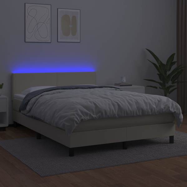 LED-valgustusega kontinentaalvoodi koos madratsiga, kreemjasvalge, 140 × 190 cm, kunstnahk — mudel 3134101