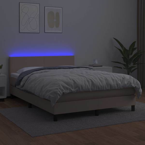 LED-valgustusega kontinentaalvoodi koos madratsiga, cappuccino, 140 × 190 cm, kunstnahk — mudel 3134104