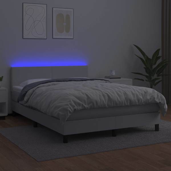 LED-valgustusega kontinentaalvoodi koos madratsiga, valge, 140 × 200 cm, kunstnahk — mudel 3134106