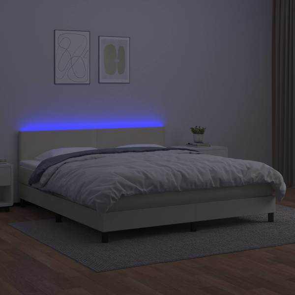 LED-valgustusega kontinentaalvoodi koos madratsiga, kreemjasvalge, 160 × 200 cm, kunstnahk — mudel 3134113