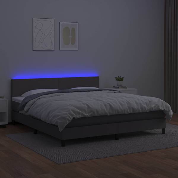 LED-valgustusega kontinentaalvoodi koos madratsiga, hall, 180 × 200 cm, kunstnahk — mudel 3134121