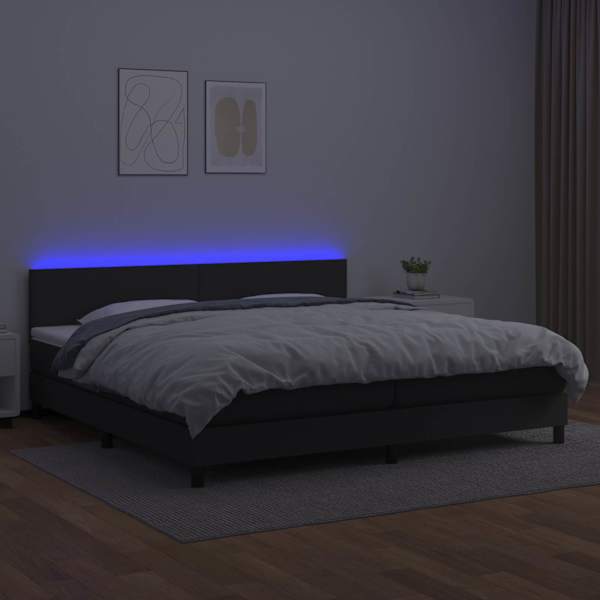 LED-valgustusega kontinentaalvoodi koos 2 madratsiga, must, 200 × 200 cm, kunstnahk — mudel 3134123
