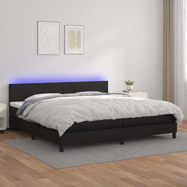LED-valgustusega kontinentaalvoodi koos 2 madratsiga, must, 200 × 200 cm, kunstnahk — mudel 3134123