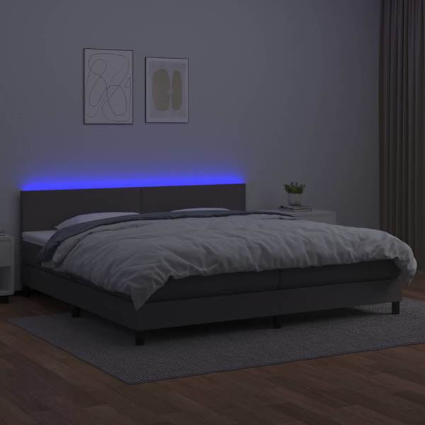 LED-valgustusega kontinentaalvoodi koos 2 madratsiga, hall, 200 × 200 cm, kunstnahk — mudel 3134127