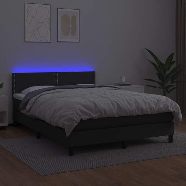 LED-valgustusega kontinentaalvoodi koos madratsiga, must, 140 × 200 cm, kunstnahk — mudel 3134165