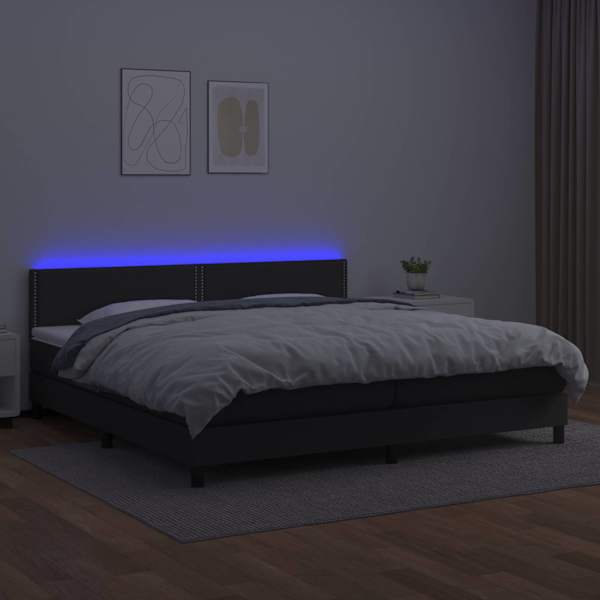 LED-valgustusega kontinentaalvoodi koos 2 madratsiga, must, 200 × 200 cm, kunstnahk — mudel 3134183
