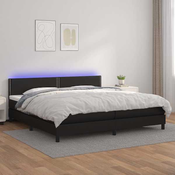 LED-valgustusega kontinentaalvoodi koos 2 madratsiga, must, 200 × 200 cm, kunstnahk — mudel 3134183