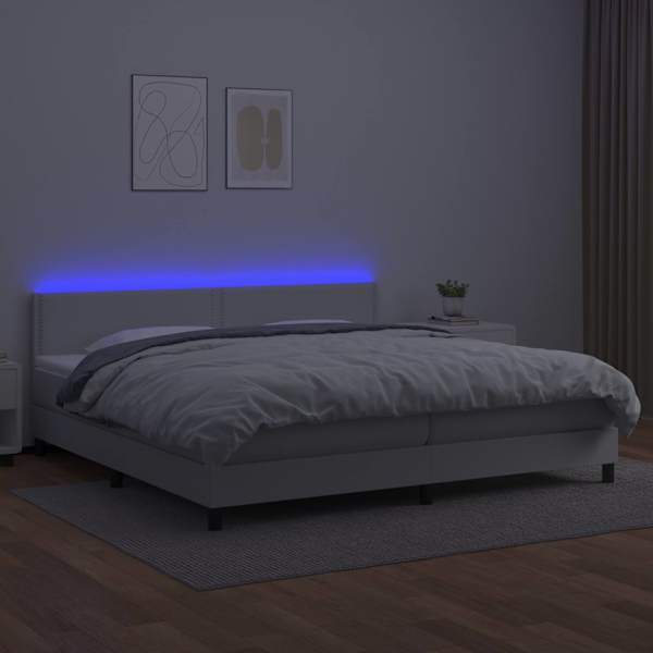 LED-valgustusega kontinentaalvoodi koos 2 madratsiga, valge, 200 × 200 cm, kunstnahk — mudel 3134184