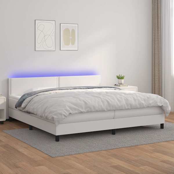 LED-valgustusega kontinentaalvoodi koos 2 madratsiga, valge, 200 × 200 cm, kunstnahk — mudel 3134184