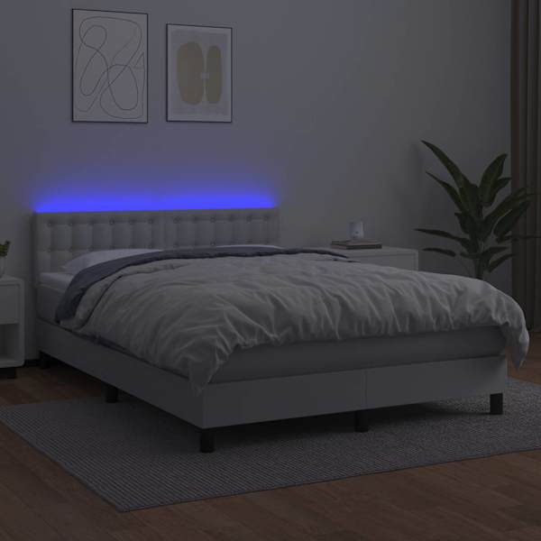 LED-valgustusega kontinentaalvoodi koos madratsiga, valge, 140 × 200 cm, kunstnahk — mudel 3134226