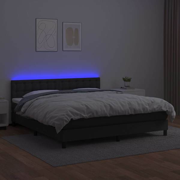 LED-valgustusega kontinentaalvoodi koos madratsiga, must, 180 × 200 cm, kunstnahk — mudel 3134237