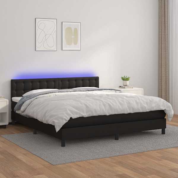 LED-valgustusega kontinentaalvoodi koos madratsiga, must, 180 × 200 cm, kunstnahk — mudel 3134237