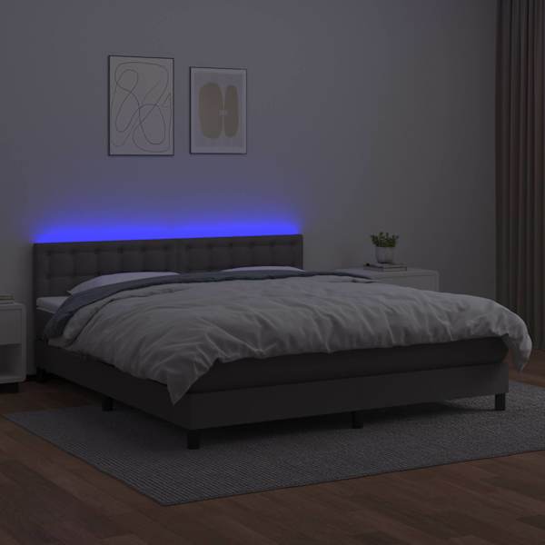 LED-valgustusega kontinentaalvoodi koos madratsiga, hall, 180 × 200 cm, kunstnahk — mudel 3134241