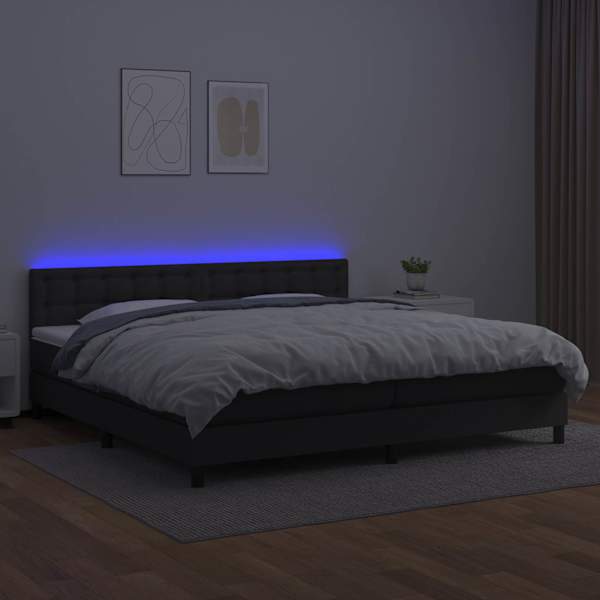 LED-valgustusega kontinentaalvoodi koos 2 madratsiga, must, 200 × 200 cm, kunstnahk — mudel 3134243