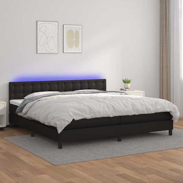 LED-valgustusega kontinentaalvoodi koos 2 madratsiga, must, 200 × 200 cm, kunstnahk — mudel 3134243