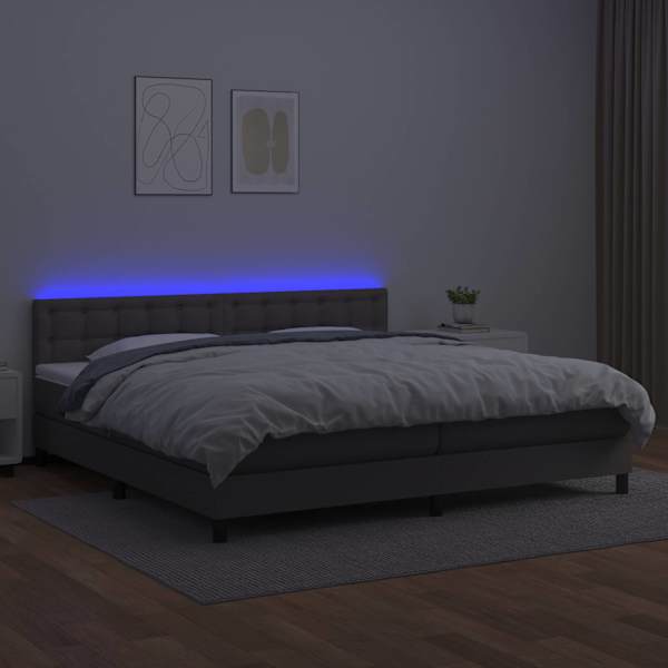 LED-valgustusega kontinentaalvoodi koos 2 madratsiga, hall, 200 × 200 cm, kunstnahk — mudel 3134247