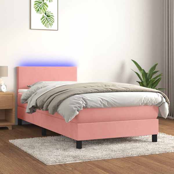 LED-valgustusega kontinentaalvoodi koos madratsiga, roosa, 90 × 190 cm, samet — mudel 3134260