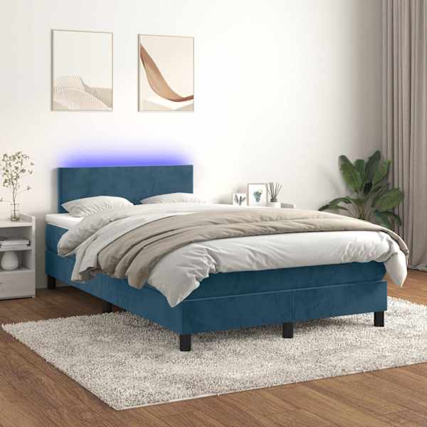LED-valgustusega kontinentaalvoodi koos madratsiga, tumesinine, 120 × 200 cm, samet — mudel 3134277