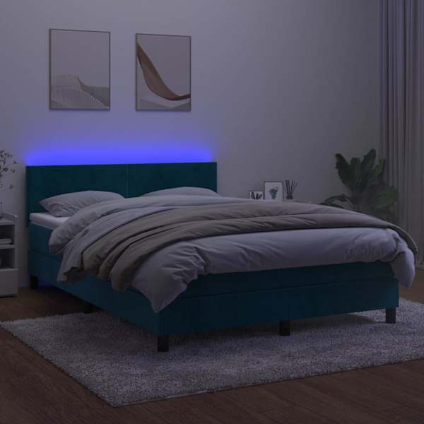 LED-valgustusega kontinentaalvoodi koos madratsiga, tumesinine, 140 × 190 cm, samet — mudel 3134283