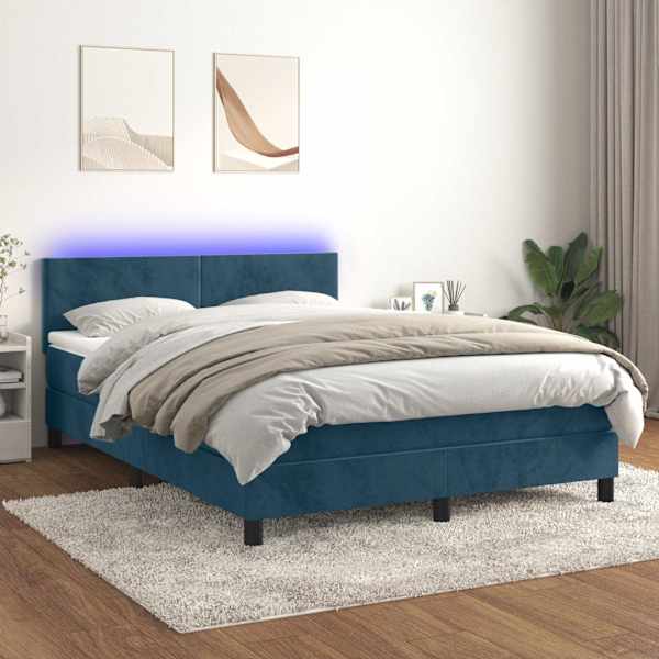 LED-valgustusega kontinentaalvoodi koos madratsiga, tumesinine, 140 × 190 cm, samet — mudel 3134283