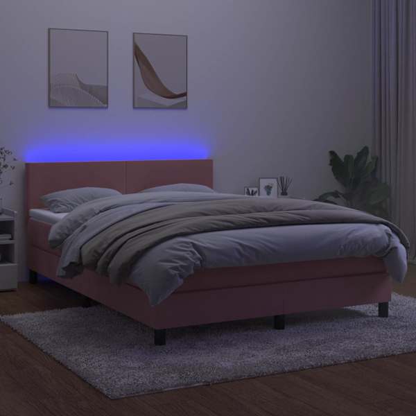 LED-valgustusega kontinentaalvoodi koos madratsiga, roosa, 140 × 190 cm, samet — mudel 3134284