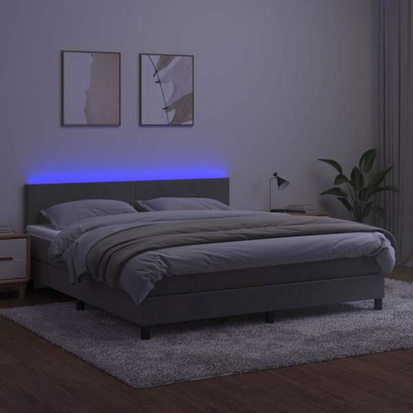 LED-valgustusega kontinentaalvoodi koos madratsiga, helehall, 180 × 200 cm, samet