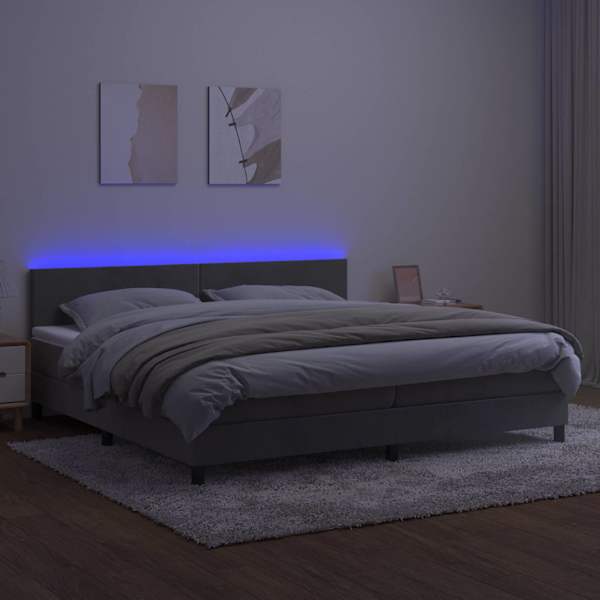 LED-valgustusega kontinentaalvoodi koos 2 madratsiga, helehall, 200 × 200 cm, samet