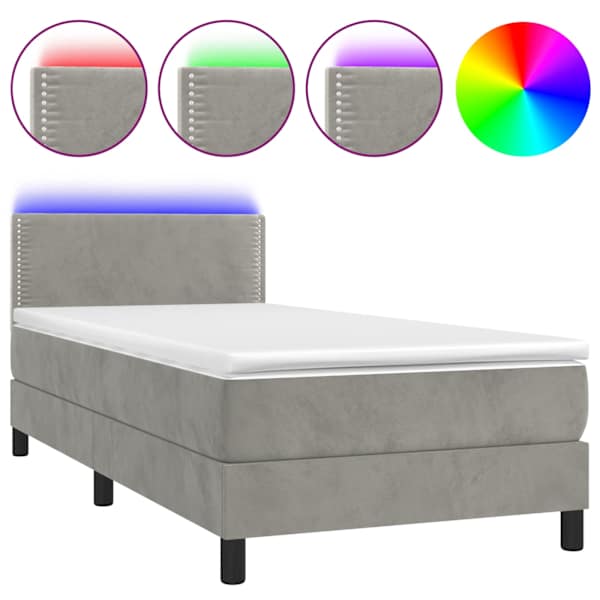 Kontinentaalvoodi madrats ja LED, helehall, 80 × 200 cm, samet