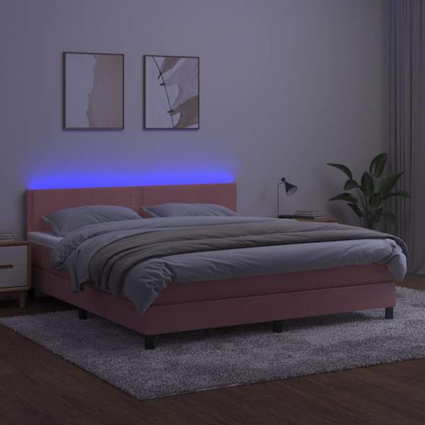 LED-valgustusega kontinentaalvoodi koos madratsiga, roosa, 160 × 200 cm, samet — mudel 3134356