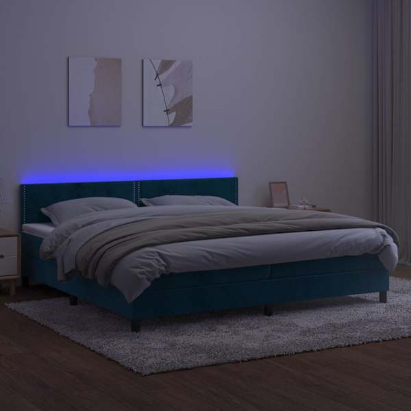 LED-valgustusega kontinentaalvoodi koos 2 madratsiga, tumesinine, 200 × 200 cm, samet — mudel 3134367