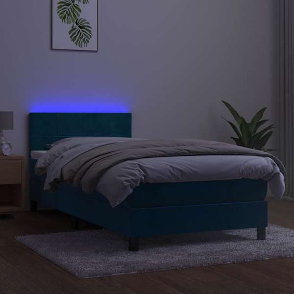 LED-valgustusega kontinentaalvoodi koos madratsiga, tumesinine, 90 × 190 cm, samet — mudel 3134379