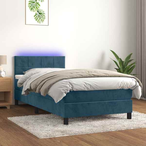 LED-valgustusega kontinentaalvoodi koos madratsiga, tumesinine, 90 × 190 cm, samet — mudel 3134379