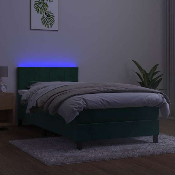 LED-valgustusega kontinentaalvoodi koos madratsiga, tumeroheline, 100 × 200 cm, samet
