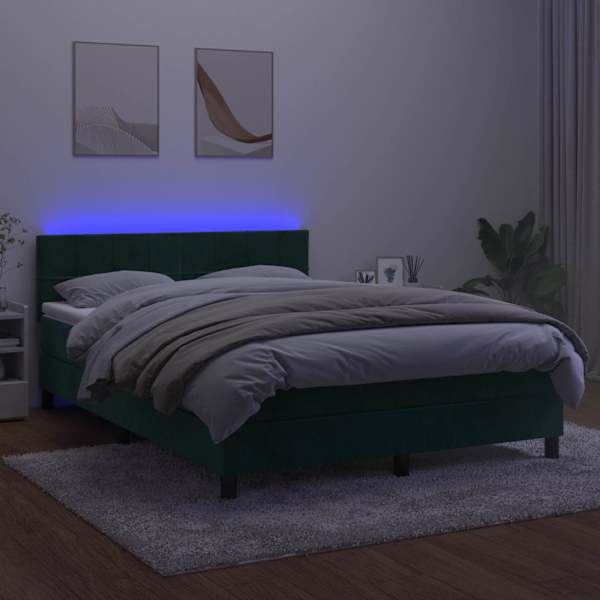 LED-valgustusega kontinentaalvoodi koos madratsiga, tumeroheline, 140 × 190 cm, samet