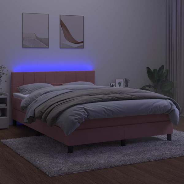LED-valgustusega kontinentaalvoodi koos madratsiga, roosa, 140 × 190 cm, samet — mudel 3134404