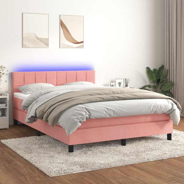 LED-valgustusega kontinentaalvoodi koos madratsiga, roosa, 140 × 190 cm, samet — mudel 3134404