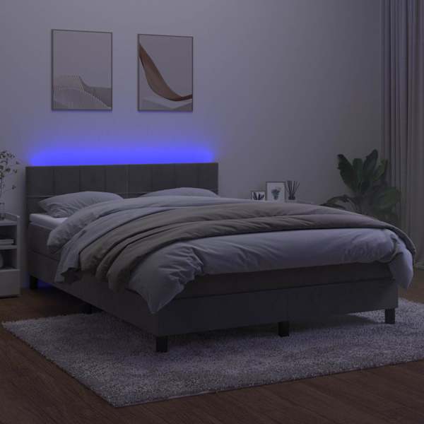 LED-valgustusega kontinentaalvoodi koos madratsiga, helehall, 140 × 200 cm, samet