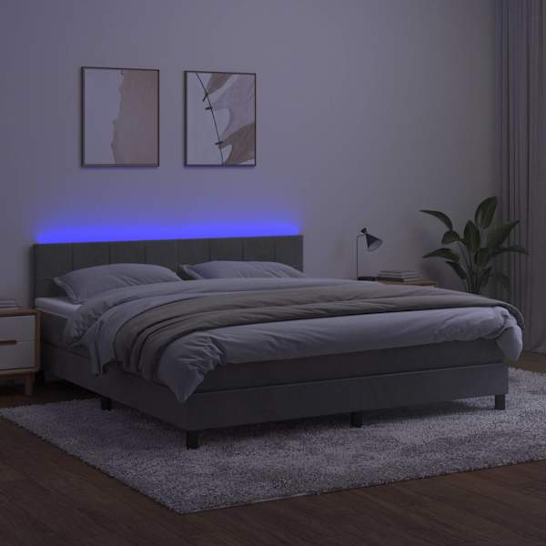 LED-valgustusega kontinentaalvoodi koos madratsiga, helehall, 160 × 200 cm, samet