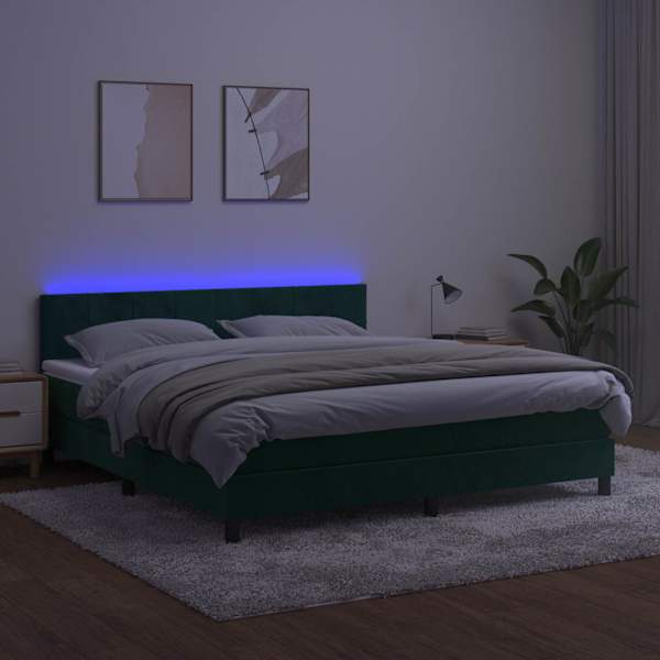 LED-valgustusega kontinentaalvoodi koos madratsiga, tumeroheline, 160 × 200 cm, samet — mudel 3134414