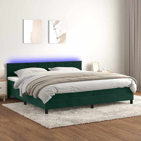 LED-valgustusega kontinentaalvoodi koos 2 madratsiga, tumeroheline, 200 × 200 cm, samet — mudel 3134426
