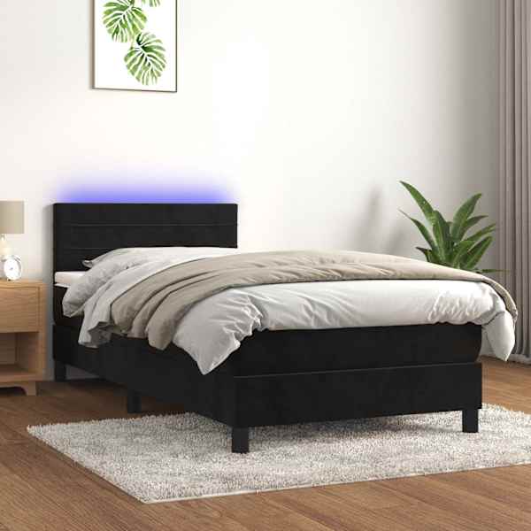 LED-valgustusega kontinentaalvoodi koos madratsiga, must, 90 × 190 cm, samet — mudel 3134437