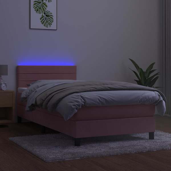 LED-valgustusega kontinentaalvoodi koos madratsiga, roosa, 90 × 200 cm, samet — mudel 3134446