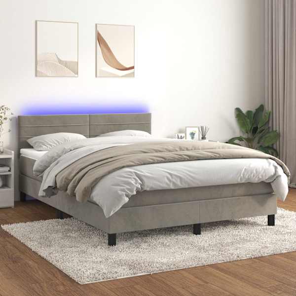 LED-valgustusega kontinentaalvoodi koos madratsiga, helehall, 140 × 190 cm, samet